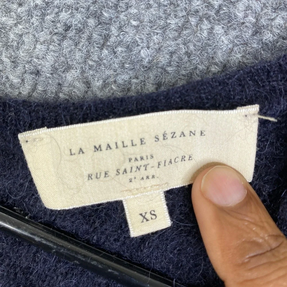 Sezane La Maille Navy Blue Mohair Alpaca V-Neck Button Shoulder Sweater XS